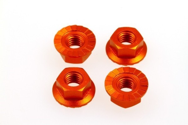 Radmutter M4 Alu, mit Flansch geriffelt, Orange