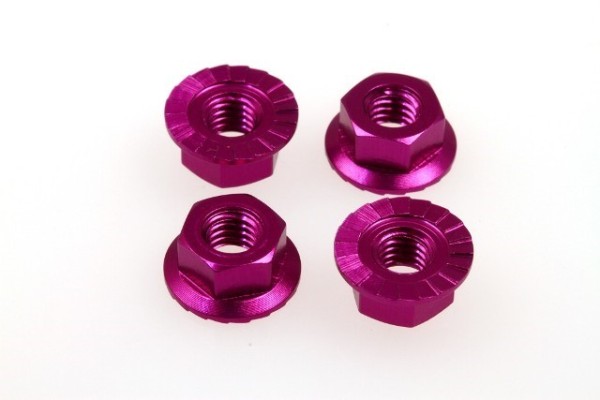 Radmutter M4 Alu, mit Flansch geriffelt, violett