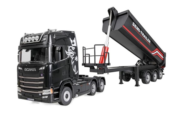 AMEWI Scania 770 S Zugmaschine SCHWARZ 6x4 1:18 + Muldenauflieger SCHWARZ RTR