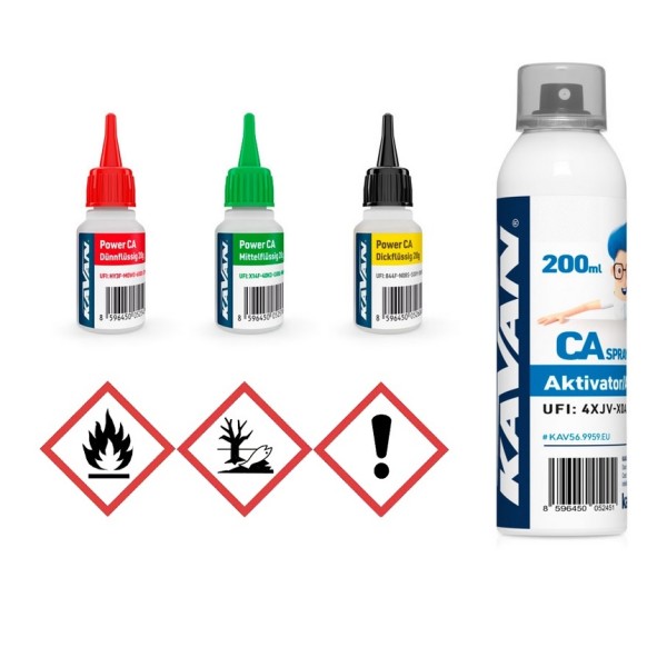 Sekundenkleber SET 3x 20g (dünn, mittel, dick) + Aktivator 200ml, KAVAN