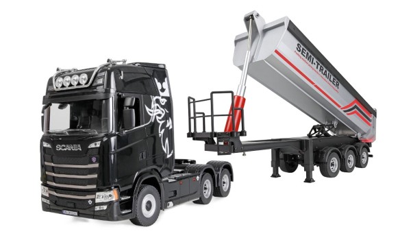 AMEWI Scania 770 S Zugmaschine SCHWARZ 6x4 1:18 + Muldenauflieger SILBERN RTR